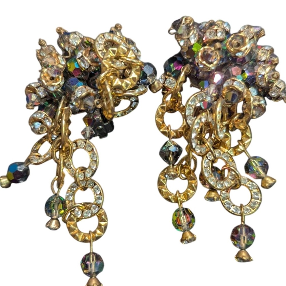 Vintage AB Crystal Gold Tone Cluster Dangle Clip On Statement Earrings 2.5"